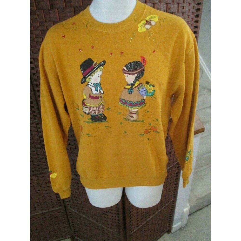 Vintage Pilgrim Native American Children Sweatshirt Fall Harvest Medium